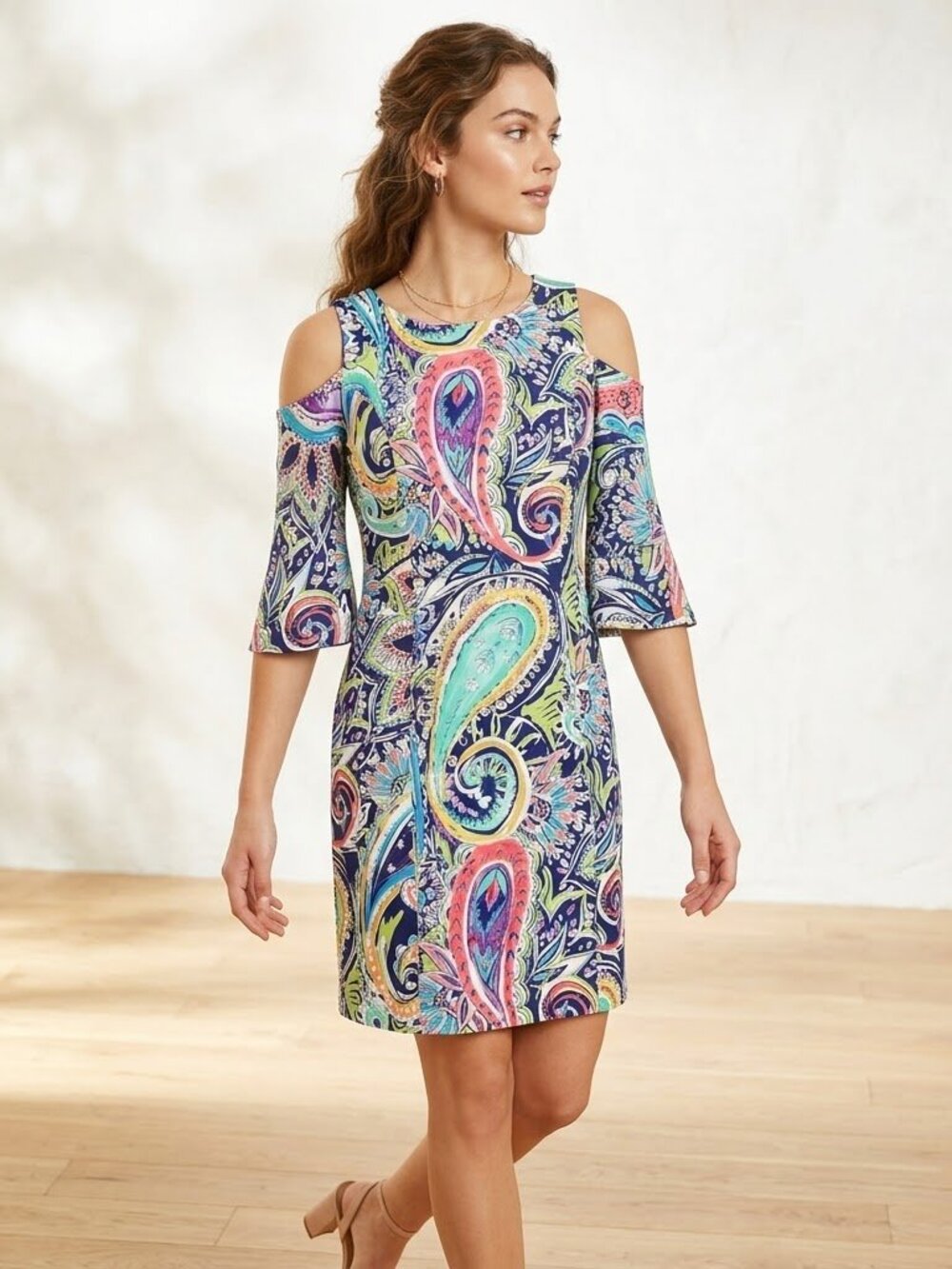 Nicole Miller colorful paisley cold shoulder bell sleeve full back zip dress, 10
